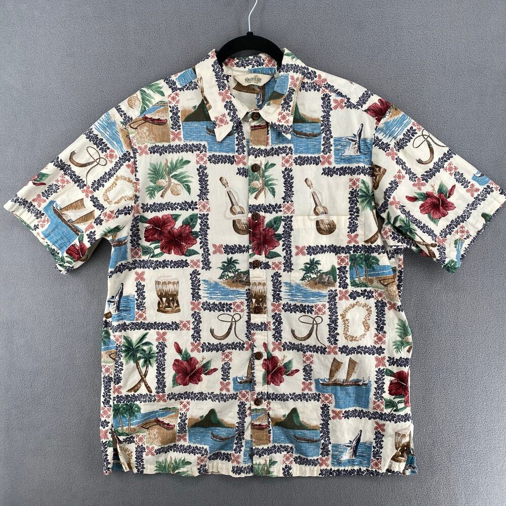 Vintage‎ Paradise Bay Hawaiian Aloha Shirt Mens L Cotton Island Ukulele Floral